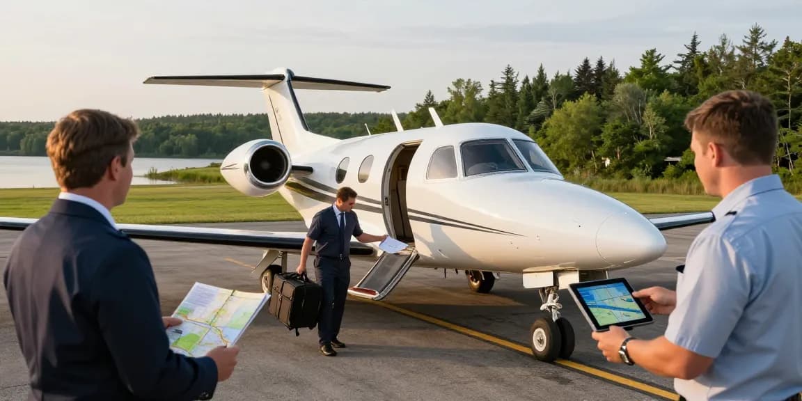 Business traveler arriving on northern flights in Ontario at a scenic remote airstrip, showcasing rapid logistics and personal service.