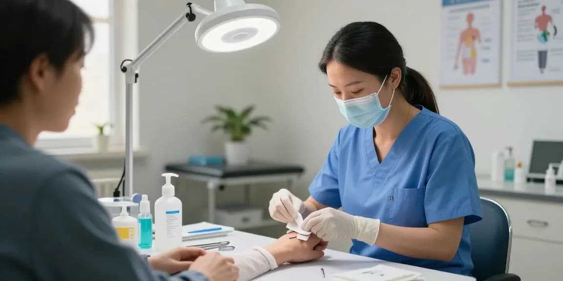 Healthcare professional applying medical gauze to a patient's wound in a clinical setting.