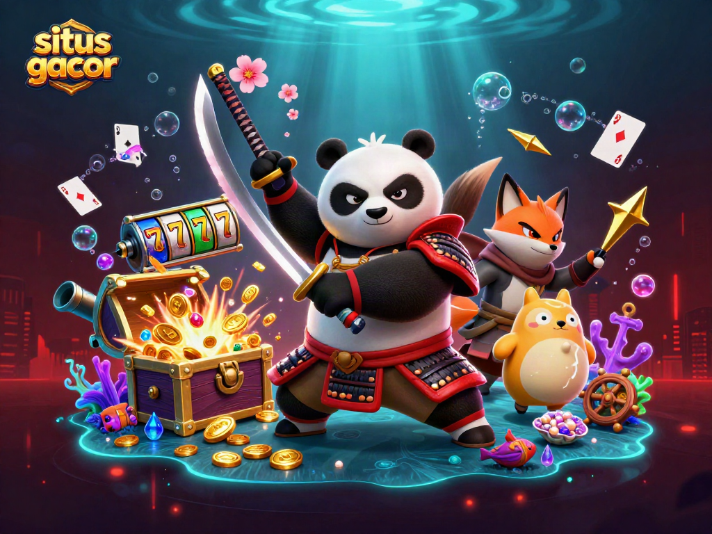 situs gacor showcases a dynamic scene with a samurai panda and vibrant casino elements.