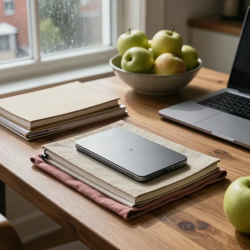 Rainy Toronto kitchen-table startup workspace with notebooks, sensor prototype, closed laptop, and apples.