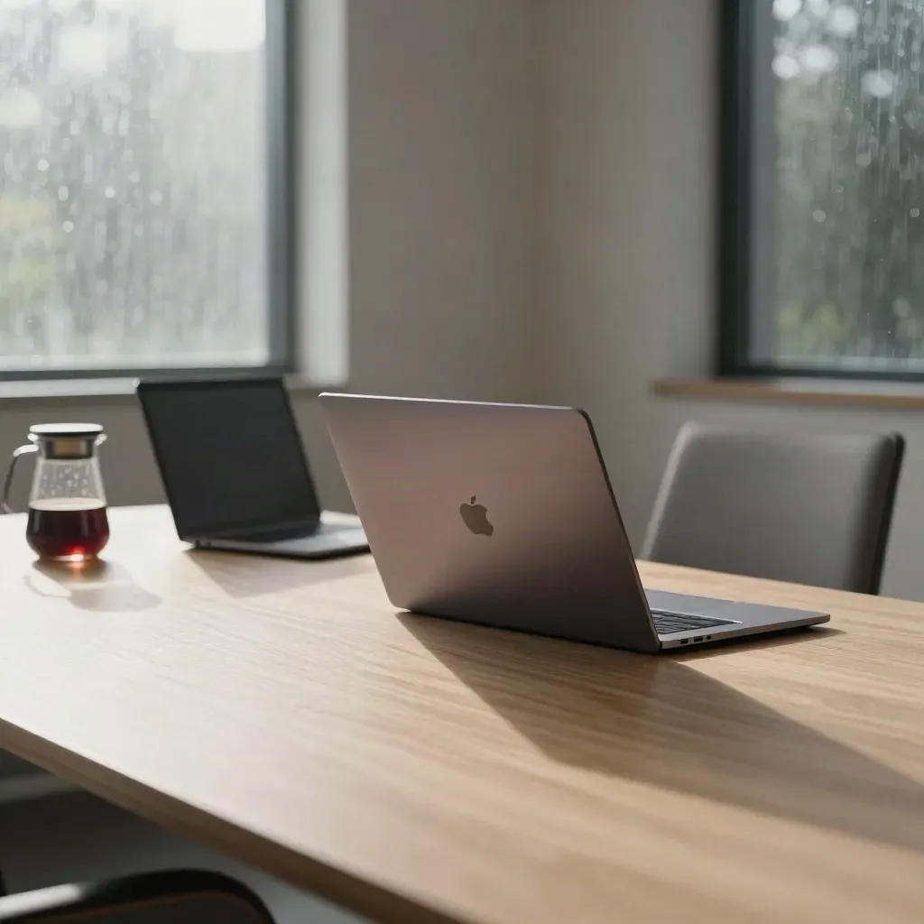 Rain-bright boardroom table with startup hardware, laptop, folder and coffee carafe