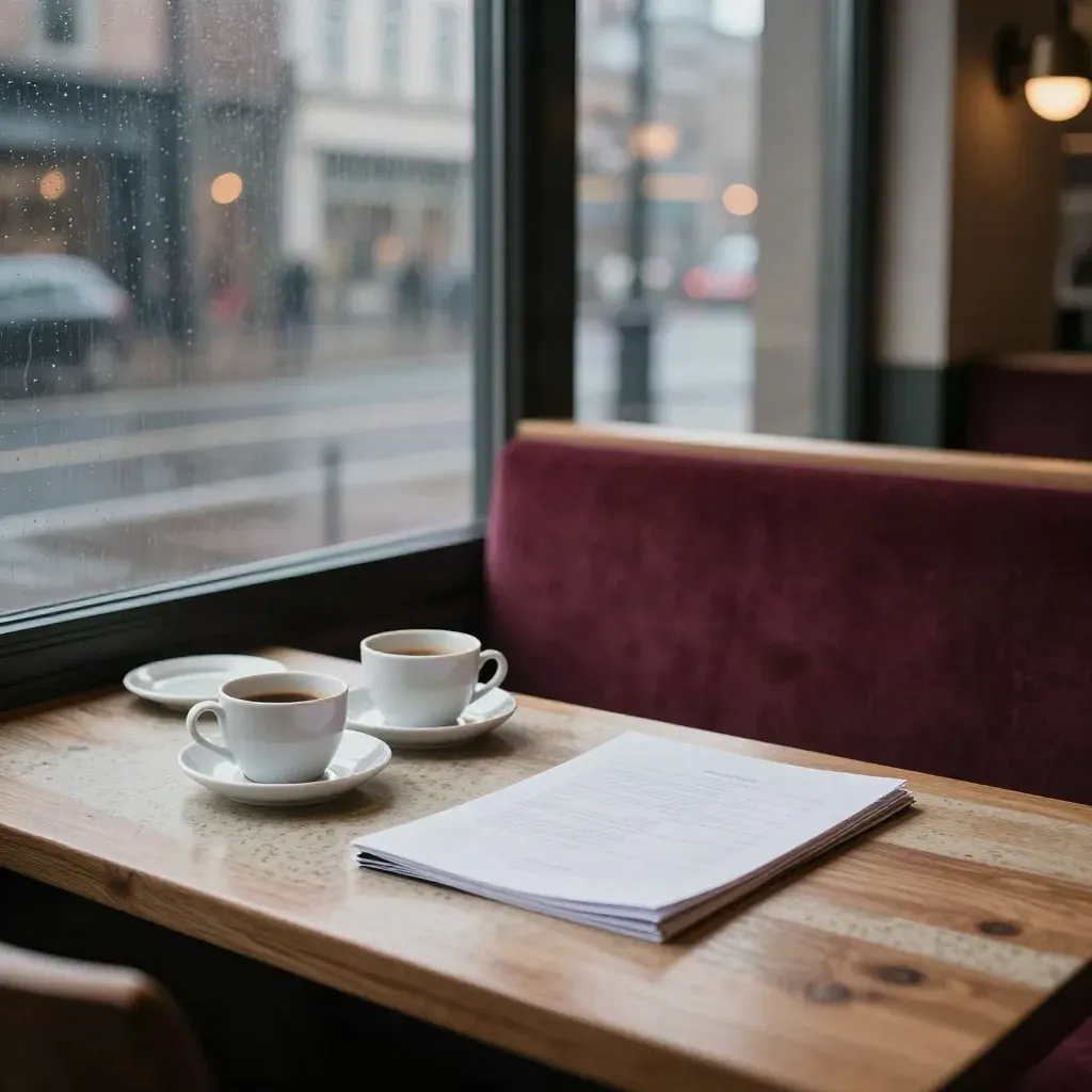 Quiet cafe banquette with cups and folder by a rain-streaked window at dawn.