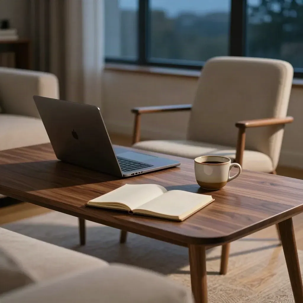 Founder workspace with laptop, notebook, coffee cup, and angled chair in blue-hour window light.