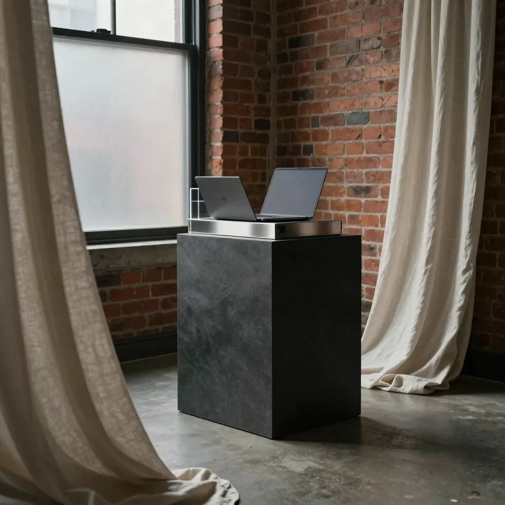 Montreal startup studio with demo pedestal, closed laptop, acrylic sample case, and drifting curtain.
