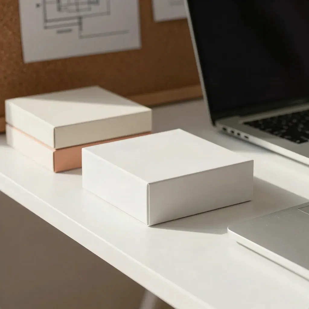 Macro view of a startup planning table with prototype, sample boxes, closed laptop, and pinboard wall.