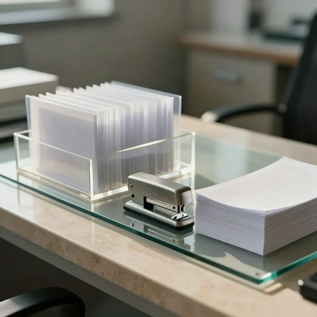 Glass desk with acrylic file holders, blank sleeves and stapler in bright morning light.