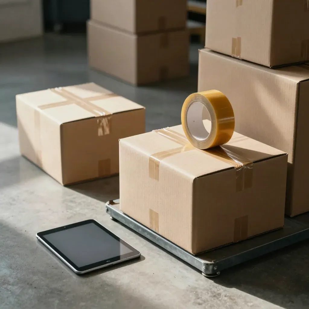 Shipping boxes, packing tape and a tablet on a concrete studio floor in dramatic afternoon light.