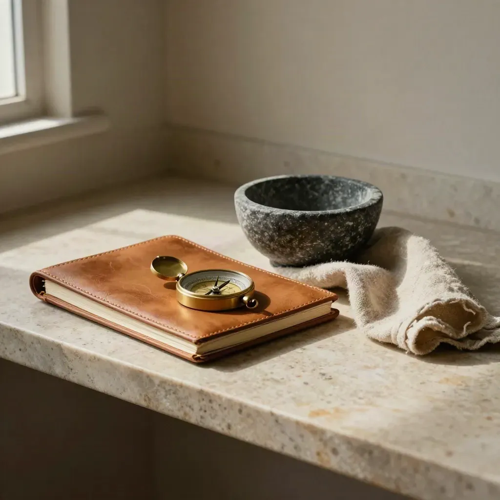 Open leather notebook with compass, stone bowl, and wool cloth on a limestone shelf.