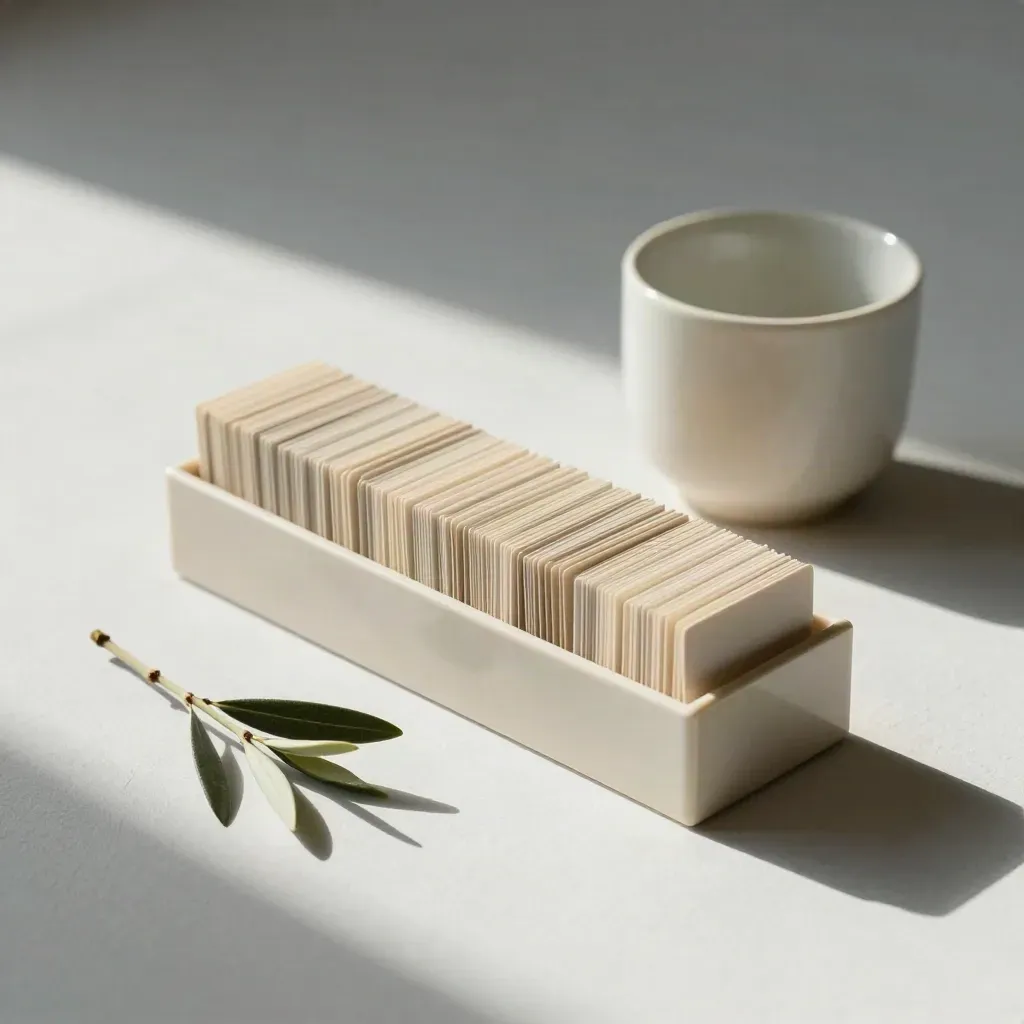 Ivory card file box, ceramic cup, and olive branch on a plaster surface.
