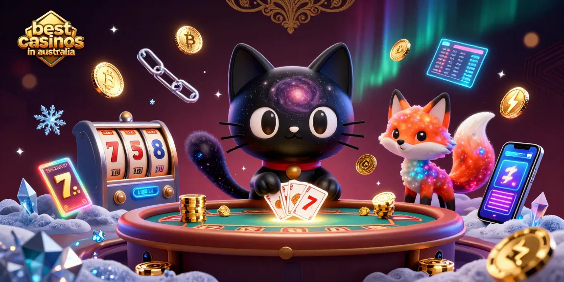 Engaging scene of best online casinos in australia showcasing a casino cat and fox, plus vibrant gambling elements.