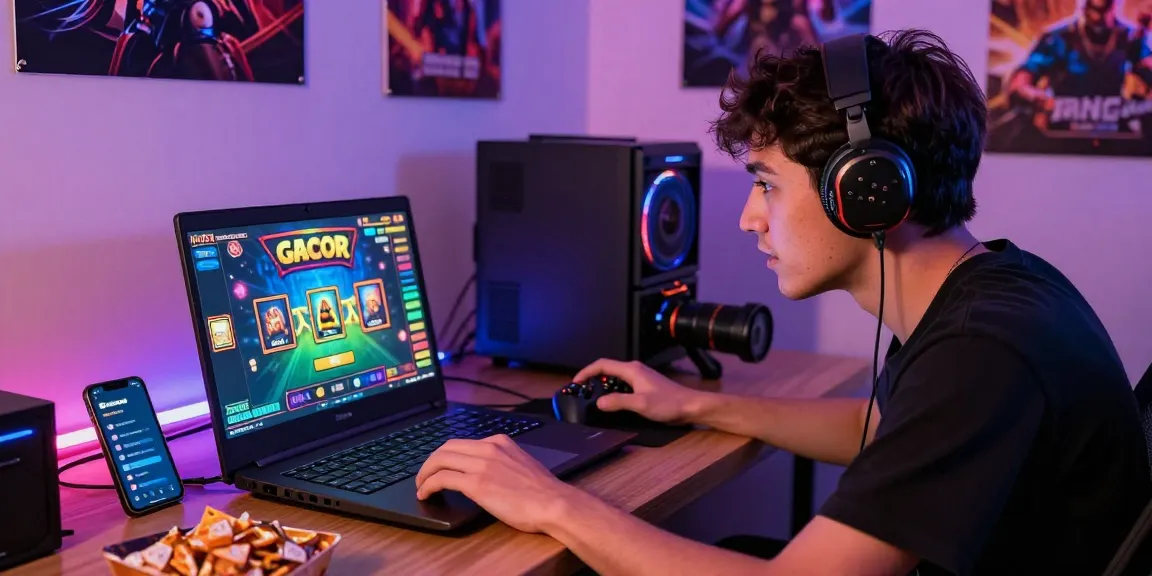 Pengguna bermain slot gacor online di laptop dengan suasana gaming yang ceria.