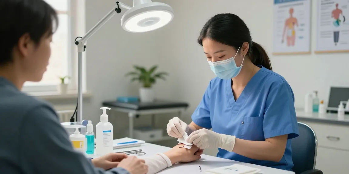 Healthcare professional applying medical gauze to a patient's wound in a clinical setting.