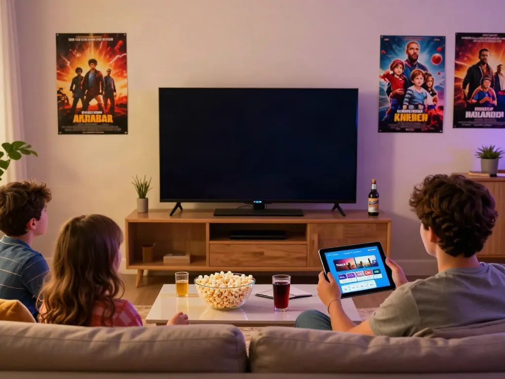 Family enjoying movie night using the MovieBox app in a cozy living room.
